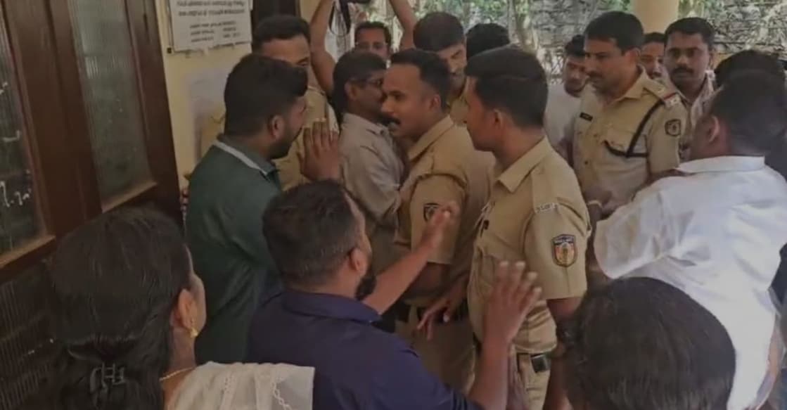 Protest at Adimali govt school Parents, members of various student and youth organizations, protesting inside the school premises. Photo: Special Arrangement.
