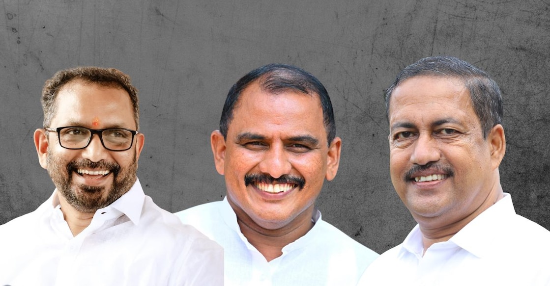 K Surendran (Left), MLA AKM Ashraf, and KR Jayananda. Image: Canva/Facebook