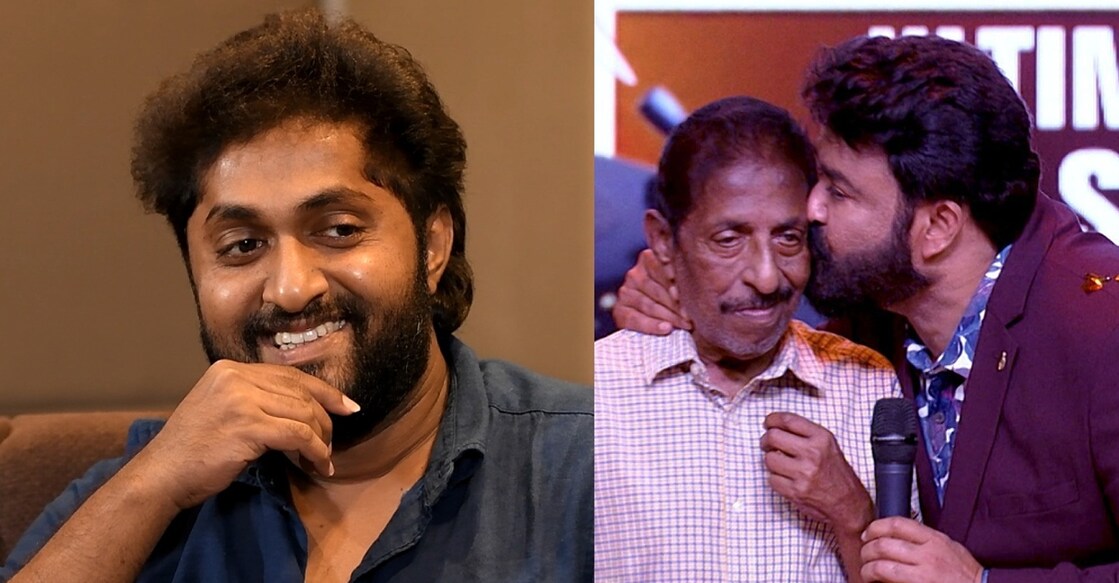 Dhyan Sreenivasan(L), Sreenivasan, and Mohanlal at the Mazhavail Entertainment Awards 2022. Photo: Manorama News.