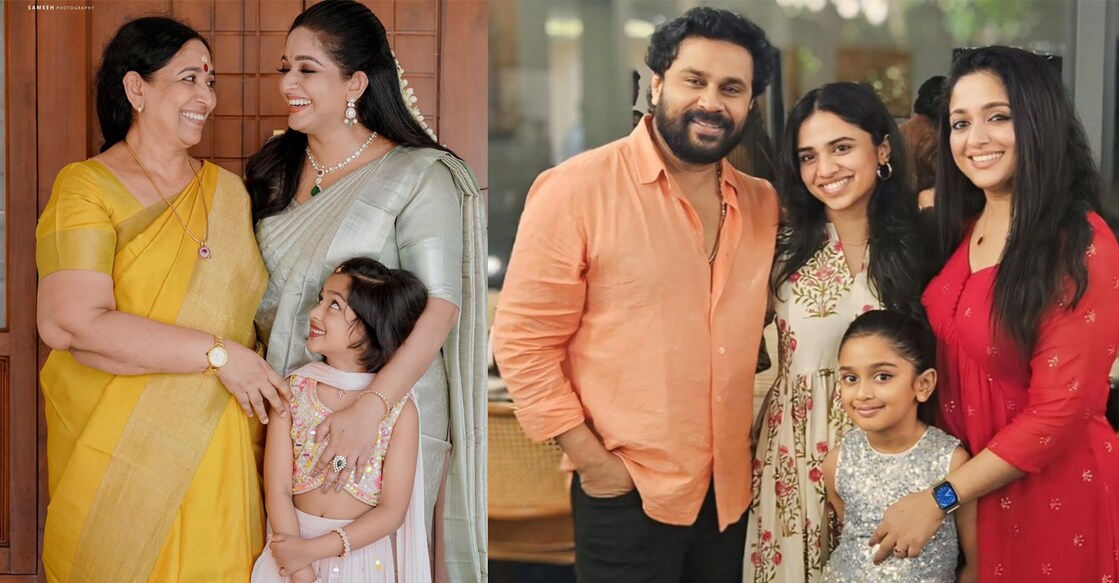 Kavya Madhavan with her mother and daughter (L), Dileep, Meenakshi Dileep, Kavya Madhavan and Mahalakshmi. Photo: kavyamadhavanofficial/Instagram