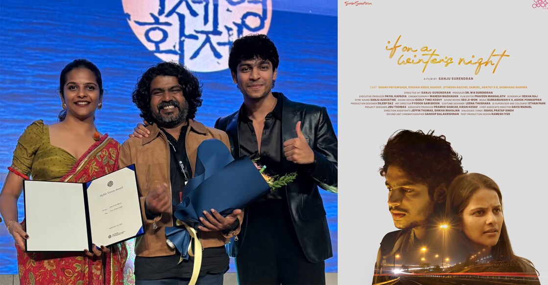 If On A Winter’s Night’s lead actors Bhanu Priyamvada, Roshan Abdool Rahoof, and director Sanju Surendran (M). Photo: bhanu___priya/Instagram