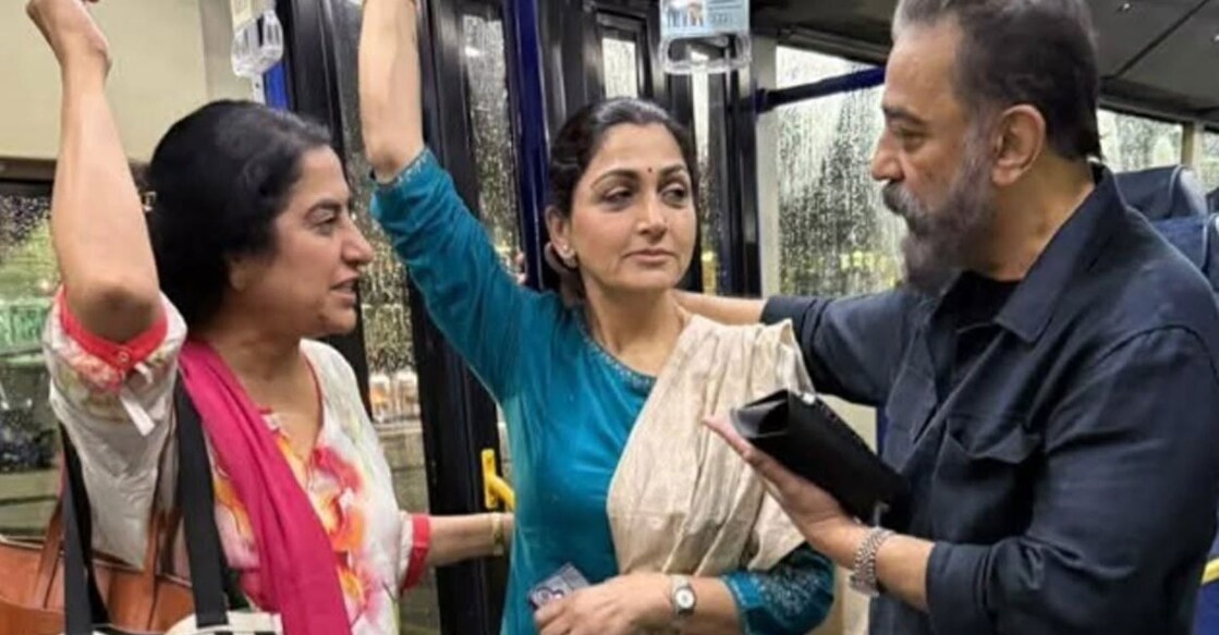 Kamal Haasan with Kushboo and Suhasini. Photo: Instagram/ khushsundar