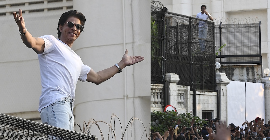 Bollywood actor Shah Rukh Khan (top) greets fans during his birthday celebrations at his Mannat residence in Mumbai on November 2, 2022. Photo: Sujit JAISWAL/AFP
