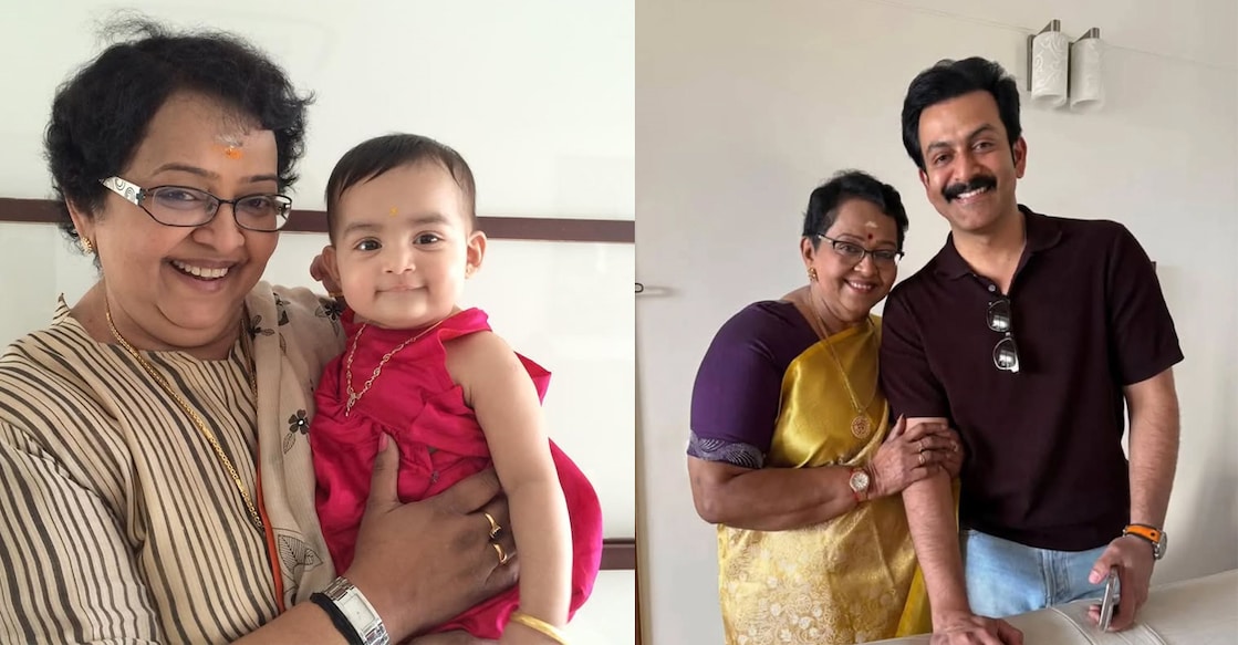 Mallika Sukumaran holding Prithviraj’s daughter, Alankrita Menon Sukumaran. Mallika with Prithviraj. Photo: therealprithvi/Instagram