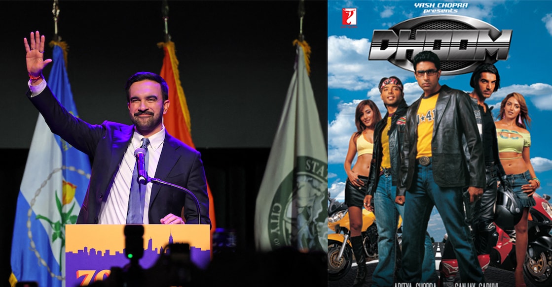 Zohran Mamdani celebrates during an election night event at the Brooklyn Paramount Theater in Brooklyn, New York on November 4, 2025, A poster of Dhoom. Photo: ANGELA WEISS / AFP, IMDb