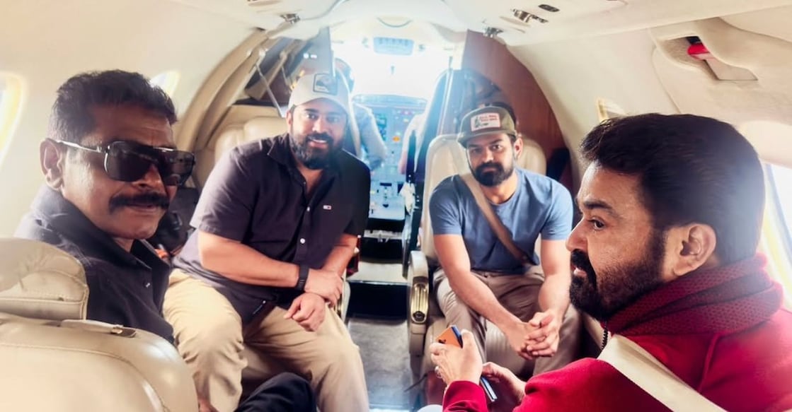 Nivin Pauly with Mohanlal, Pranav Mohanlal and Antony Perumbavoor. Photo: Instagram