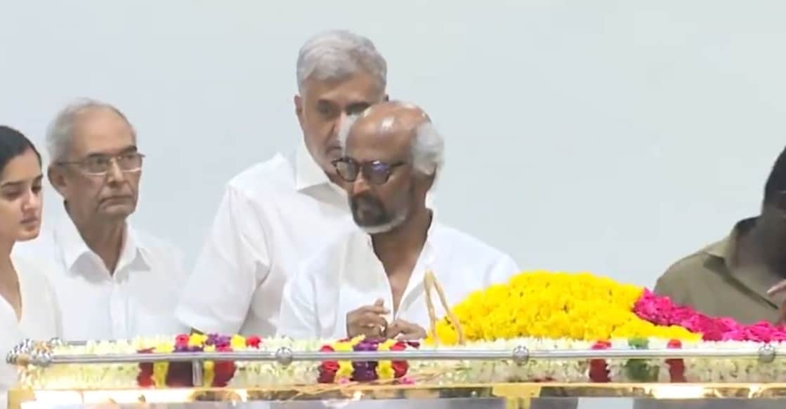 Rajinikanth at AVM Saravanan's funeral. Photo: PTI