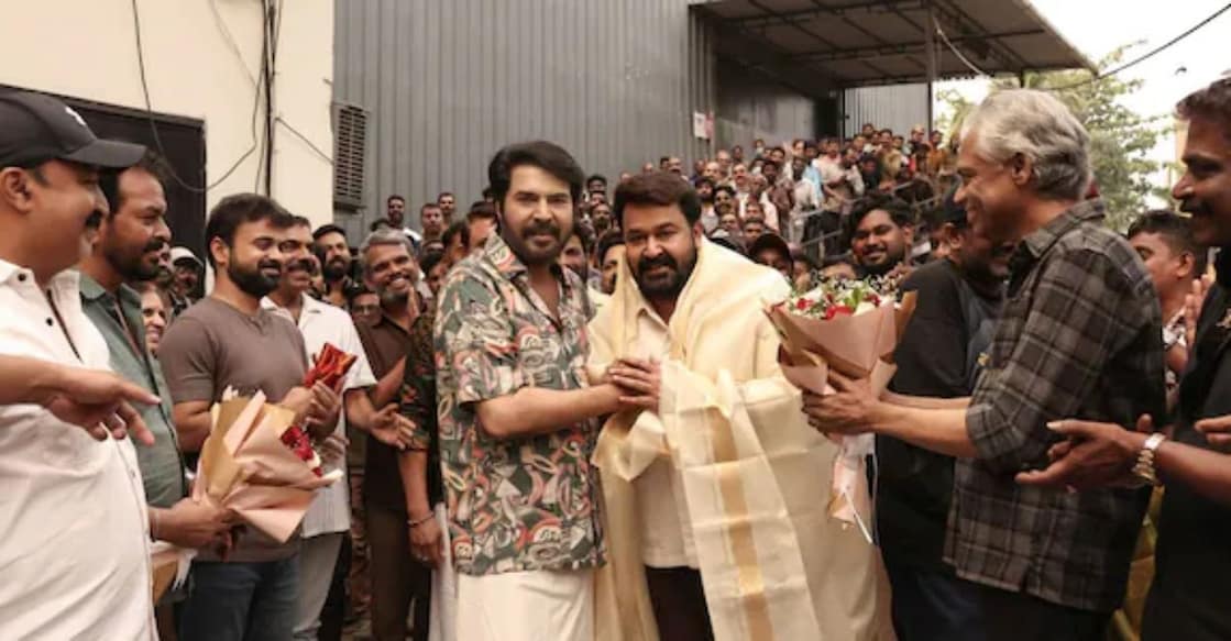 Mammootty and Mohanlal at 'Patriot' set. Photo: Instagram
