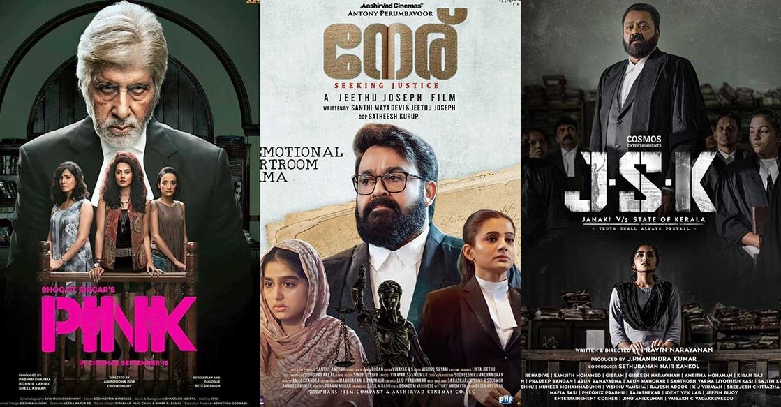 Posters of ‘Pink’, ‘Neru’ and ‘Janaki V v/s State of Kerala’. Photo: IMDb
