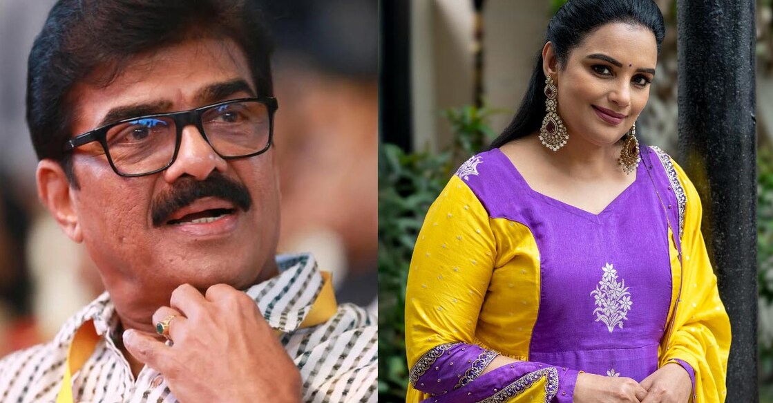 Vijayaraghavan did not submit the nominations for the post of AMMA president, while Shwetha Menon is now in the race. Photos: Instagram/ vijayaraghavanofficial, shwetha_menon