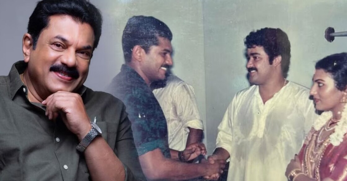 Mukesh with Mohanlal and Suchitra at their wedding in 1988. Photo: Facebook/ Mukesh M