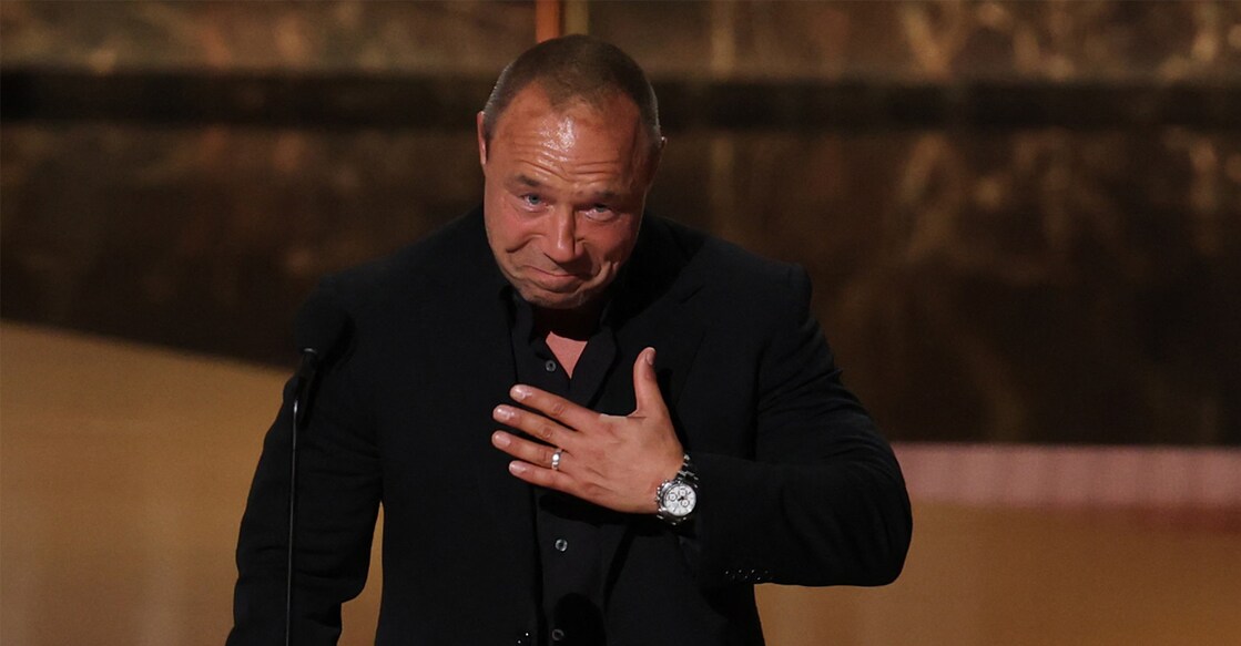 The actor paid tribute to his wife, children Grace and Alfie, and his father, who sparked his love for film by taking him to a video shop as a child. Photo: AFP