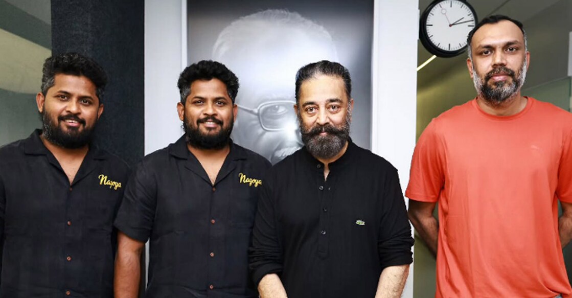 Kamal Haasan with Shyam Pushkaran who has written the script for Anbariv (Anbu and Arivu). Photo: Instagram