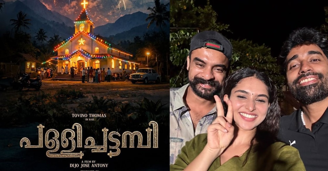 'Pallichattambi' poster, Tovino Thomas with Diji Jose Antony and Kayadu Lohar. Photo: Instagram