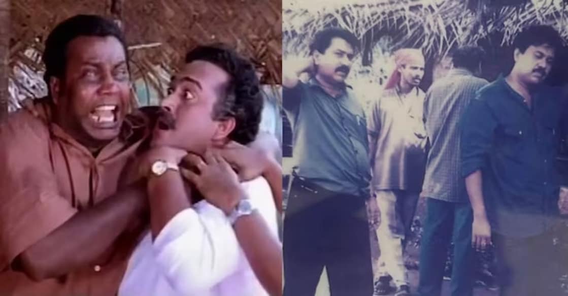 Kalabhavan Mani and Sai Kumar (left), Vinayan with screenplay writer Pallassery (right). Photo: Facebook