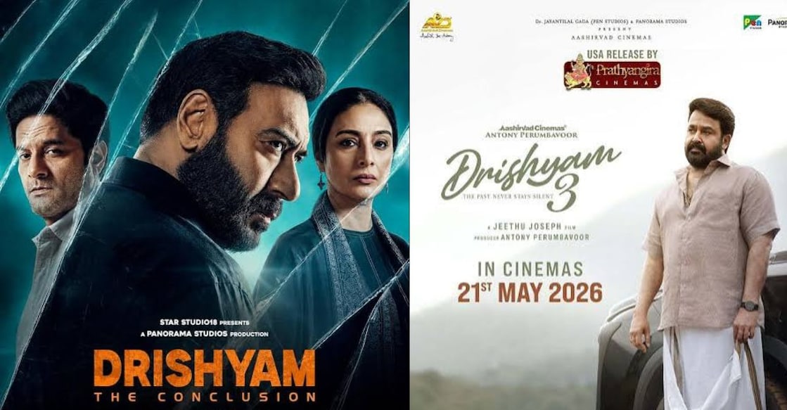 Posters of the Hindi and Malayalam versions of ‘Drishyam 3’. Photo: IMDb
