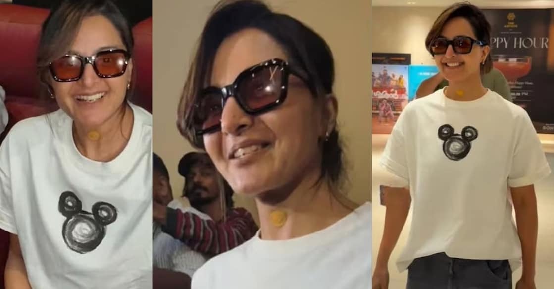 Manju Warrier with the yellow patch on her neck. Photo: Screengrab/YouTube