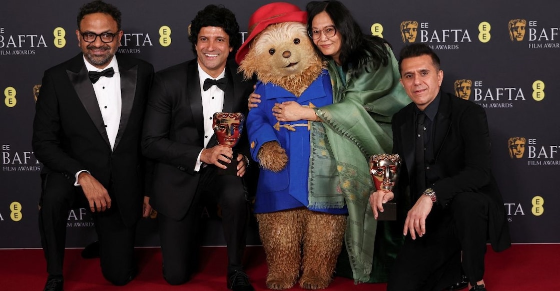 Lakshimipriya Devi, Ritesh Sidhwani, Alan McAlex, Farhan Akhtar and Paddington Bear pose in the winner's room with the award for Children's & Family Film Award for "'Boong" during the 2026 British Academy of Film and Television Awards (BAFTA) at the Royal Festival Hall in the Southbank Centre, London, Britain. Photo: Reuters