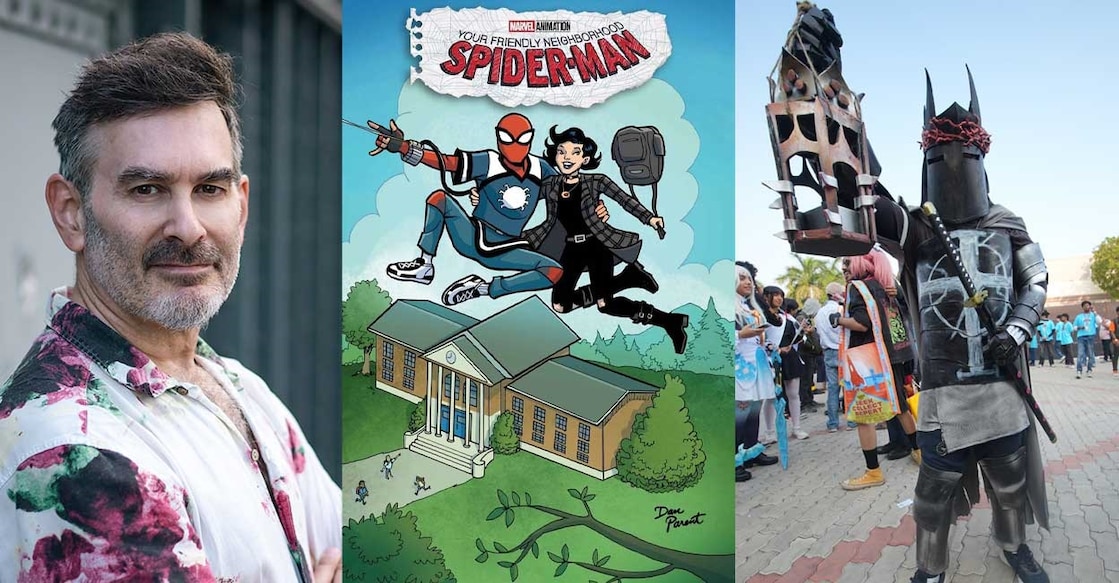 Dan Parent, a Spider-Man comic, and a cosplayer in full costume. Photo: Special Arrangement