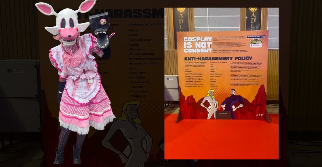 A female cosplayer and the anti-harassment board at Comic Con Kochi. Photo: Onmanorama