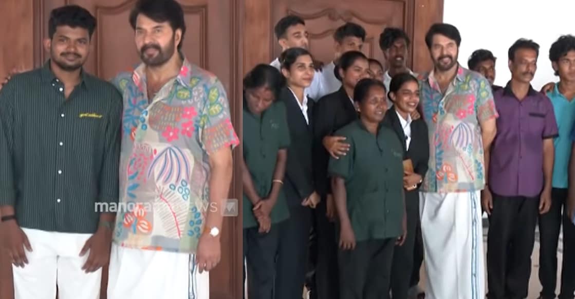 Mammootty posing with his fans. Photo: Manorama News