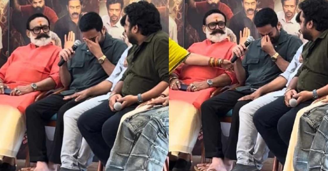 Saiju Kurup breaks down during the press meet. Photo: Manorama News