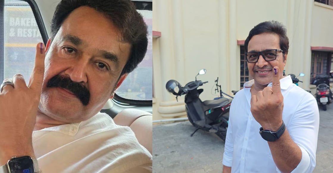 Mohanlal and Renji Panicker after casting their vote. Photos: Facebook/ Manorama