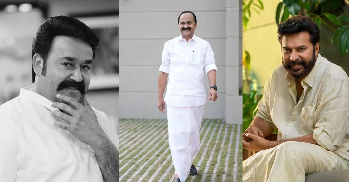 Mohanlal, V D Satheesan and Mammootty. Photo: Instagram/@mohanlal, Manorama, Instagram/@mammootty