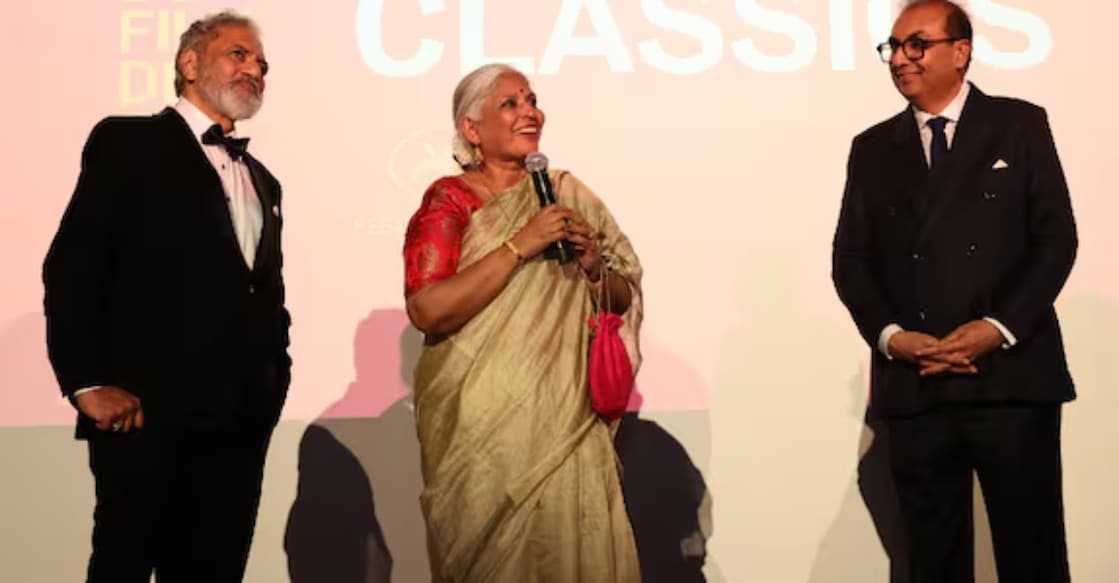Joy Mathew, Beena Paul, and Shivendra Singh Dungarpur at Cannes. Photo: Instagram/@filmheritagefoundation