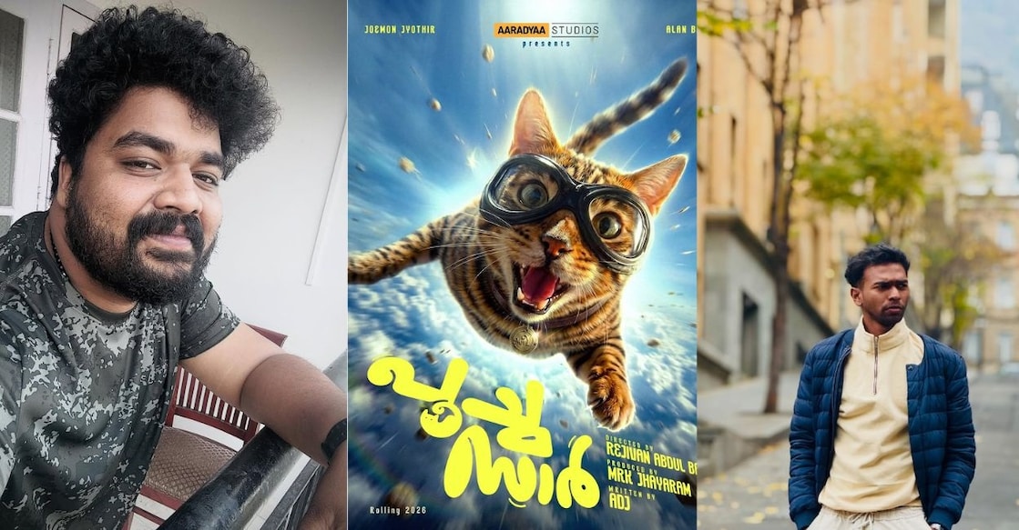 Joemon Jyothir, 'Poocha Sir' poster, and Alan Bin Siraj. Photo: Instagram/@joemon.jyothir/@aln.bin.siraj/IMDb