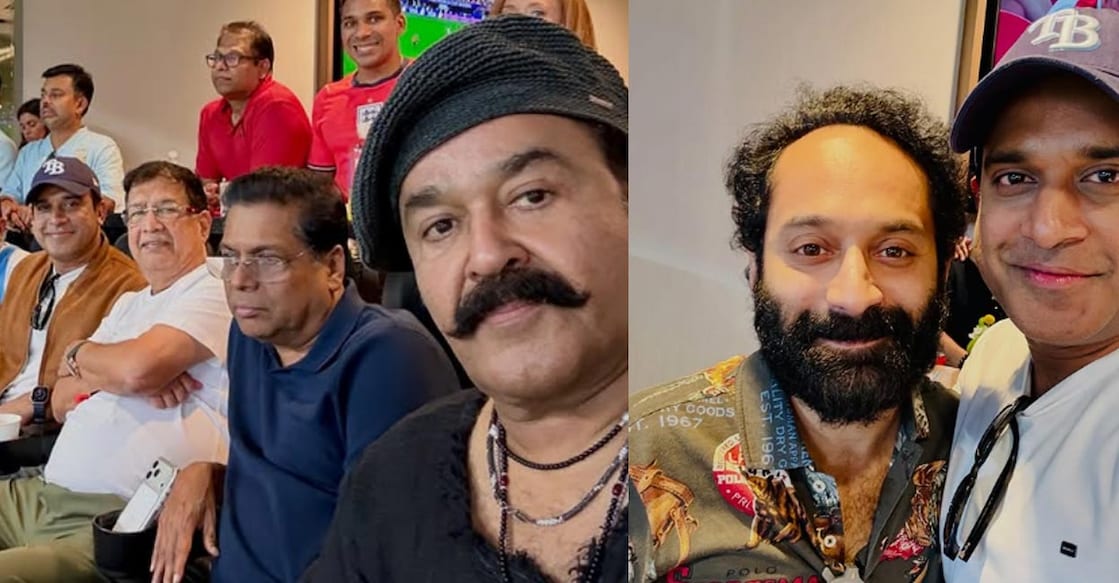 Mohanlal and Fahadh attend the match between Argentina and England on Thursday morning IST. Photo: Instagram/ stephendevassy