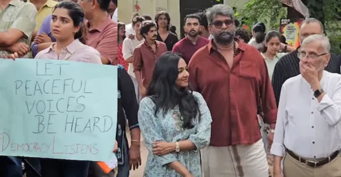Actors and cultural figures at the solidarity protest held outside Maharaja's College in Kochi. Photo: Special Arrangement/Manorama Online