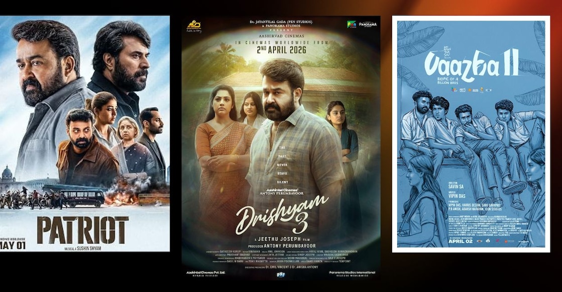 Posters of 'Patriot', 'Drishyam 3', and 'Vaazha 2'. Photo: IMDb