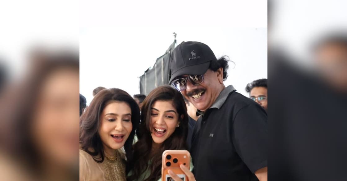 Lissy, Priyadarshan and Kalyani Priyadarshan during the ad shoot. Photo: Instagram/@lissylakshmi