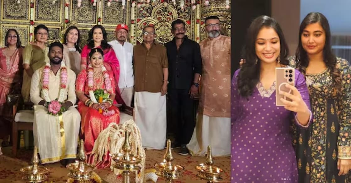 Actress Lissy, Suchitra Mohanlal and producer Antony Perumbavoor were among those who attended the wedding. Photo: Instagram/@adithyalakhmi98