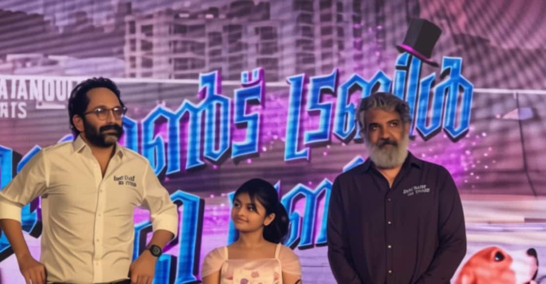 Fahadh Faasil, Ssara Palekar, and S S Rajamouli at the pre-release event of 'Don't Trouble the Trouble'. Photo: Special Arrangement
