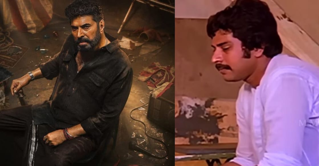 Mammootty in the newly released poster of Nithish Sahadev's 'Mela'. (R) Mammootty in K G George's 'Mela'. Photos: Instagram, YouTube/ Mollywood Movies