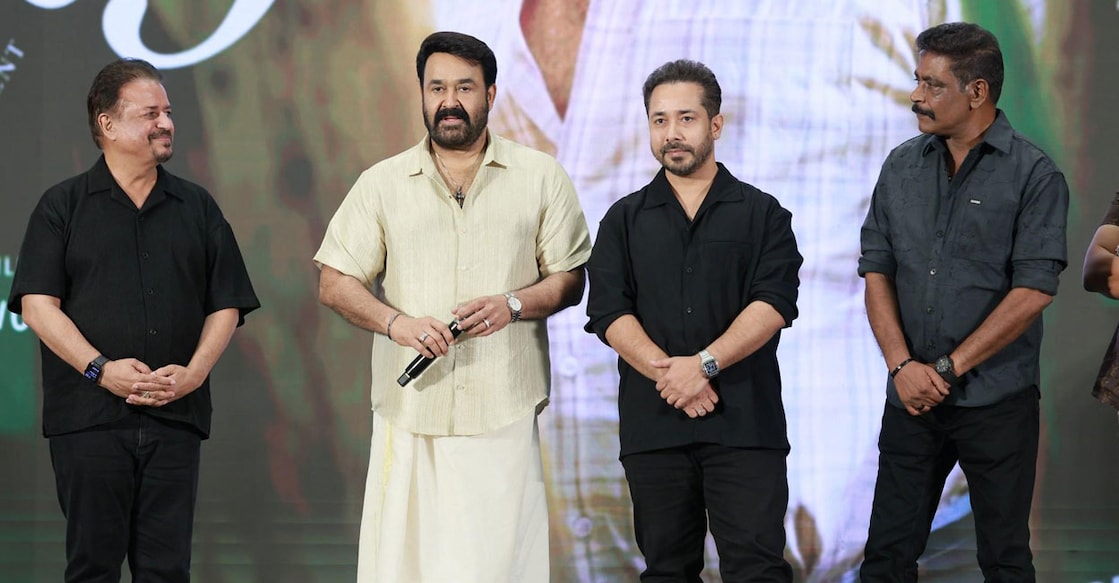 Panorama Studios founder Kumar Pathak, and managing director Abhishek with Mohanlal. Photo: Special arrangement
