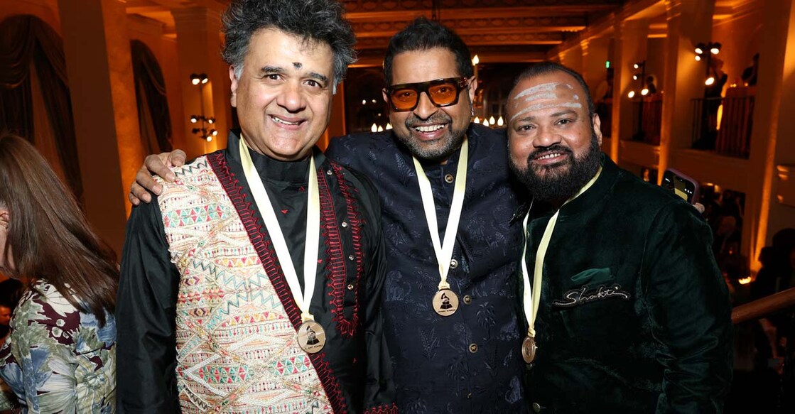 Shankar Mahadevan and V Selvaganesh attend the Special Merit Awards Ceremony and 68th Annual Grammy Nominees reception at Los Angeles. Photo: AFP