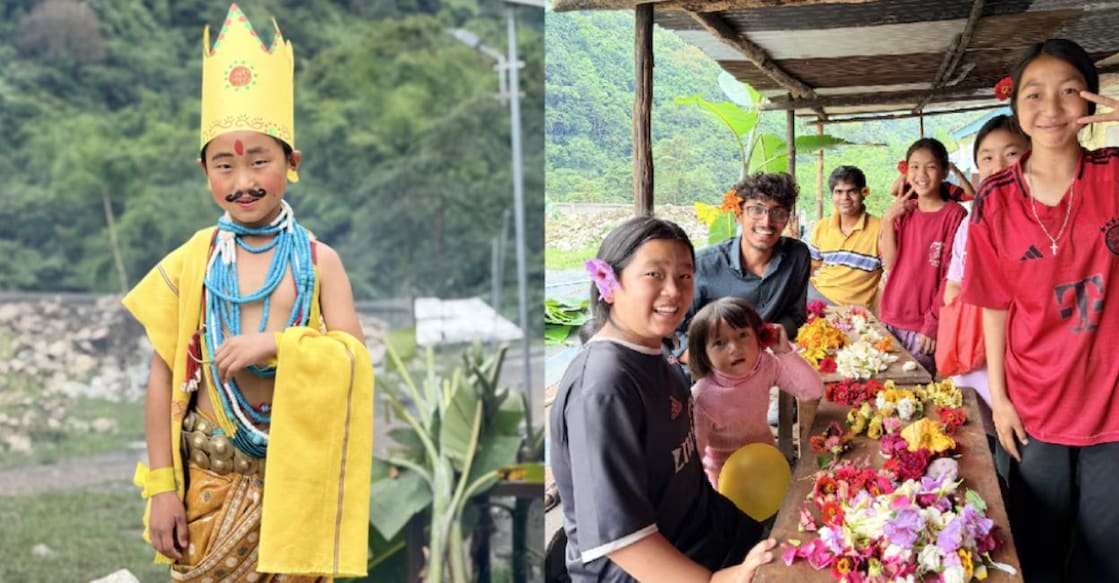 A student dressed up as a Maveli (L). Ali Ashkar with the students (R). Photos: Special arrangement).