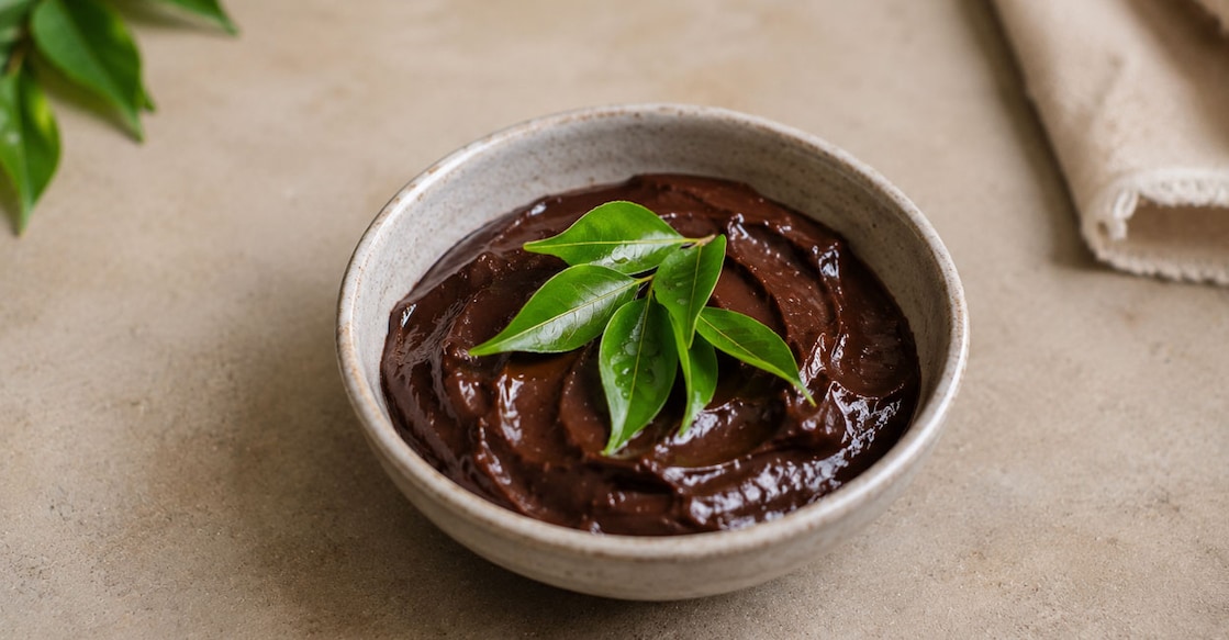 Dark chocolate ganache meets fresh curry leaves, a strange little pairing that somehow makes perfect sense. Image generated using AI