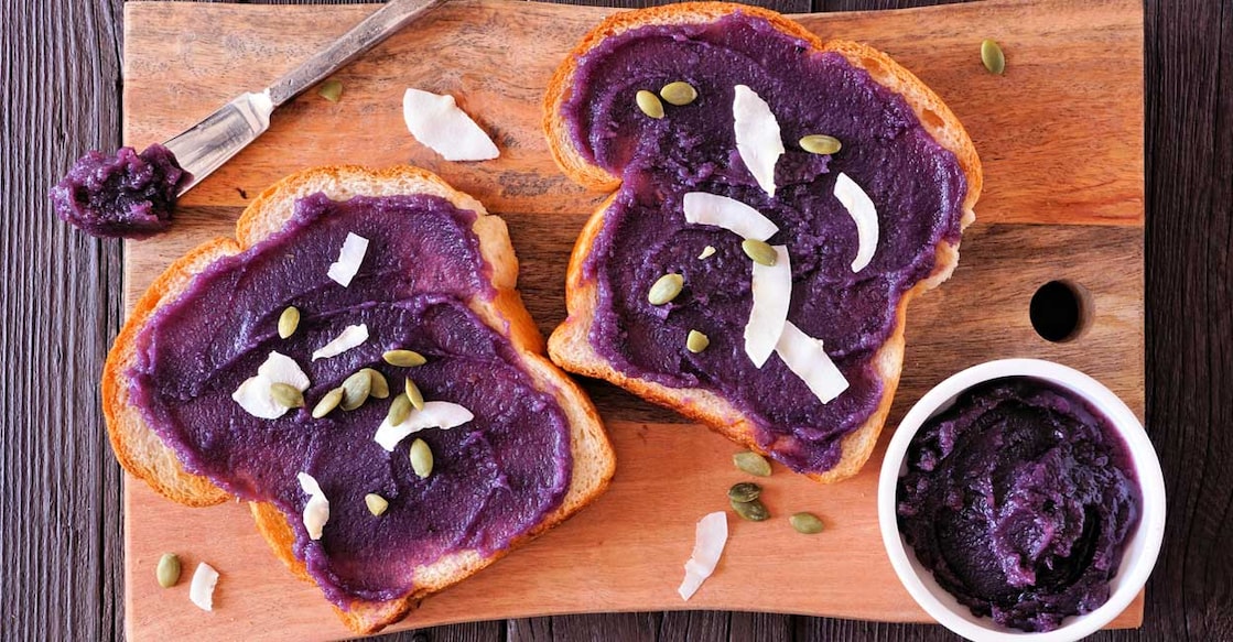 Toast with ube halaya jam, coconut and pumpkin seeds. Photo: Shutterstock/jenifoto