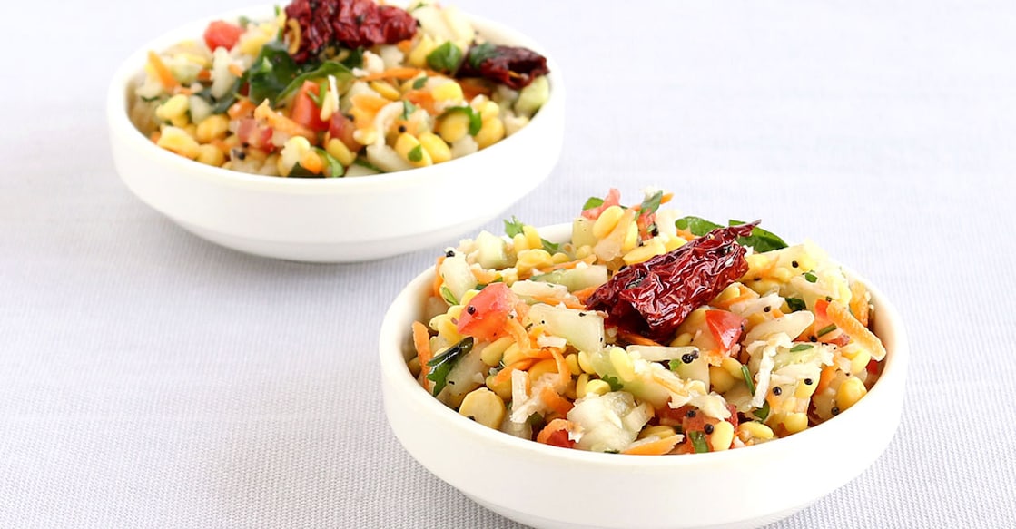 Kosambari, a traditional and popular, south Indian salad made from split mung bean, lentil, cucumber and other items, in bowls. Photo: iStock/indiaphotos