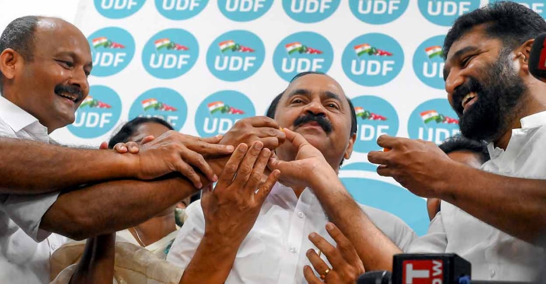 VD Satheesan with his party workers after the announcement of his appointment as the Kerala CM on May 14. Photo: PTI