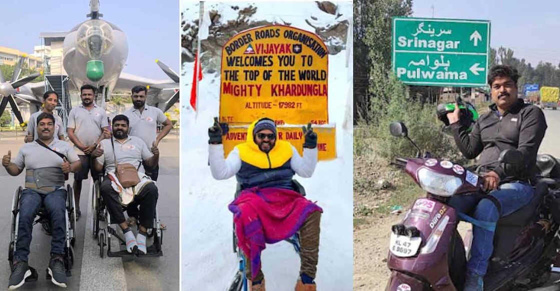 Soumya Sooraj, Sooraj PA, Maneesh Kumar, Ragesh K and Ranjith Babu (from left) during their trip; A few glimpses from their trip to various destinations (right). Photos: Special Arrangement
