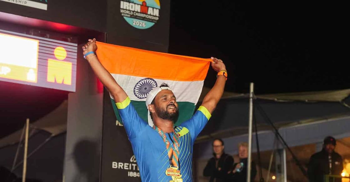 Suresh Sam Chandy at the finish line of his sixth Ironman triathlon. Photo: Special Arrangement