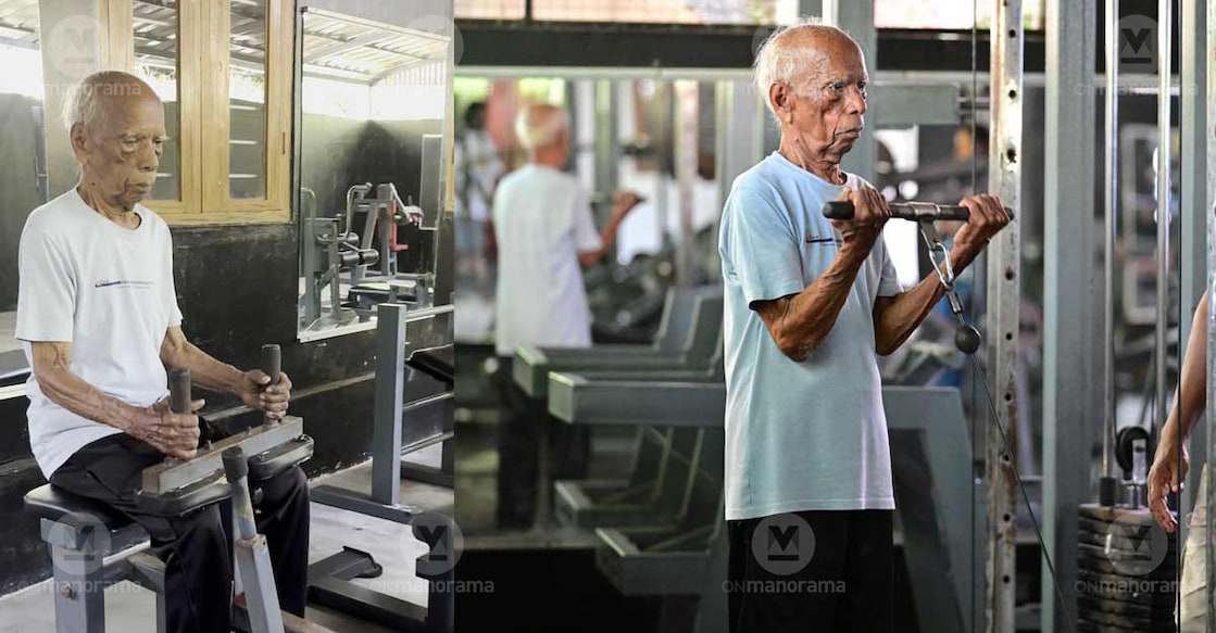 K A Shakunni works out at Adithya Gym in Muhamma, Alappuzha. Photo: Manorama