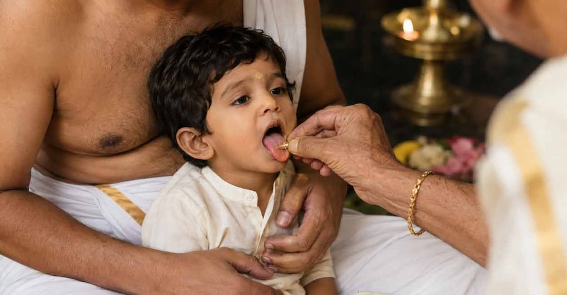 Honey and sweet flag mix has been traditionally used in Kerala homes for a long time, for vidyarambham. Photo: AI-Generated image