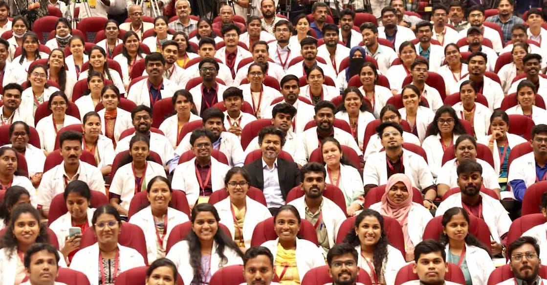 CM Vijay with medical students during the inauguration of the Whatsapp Chatbot. Photo: X/@cmotamilnadu