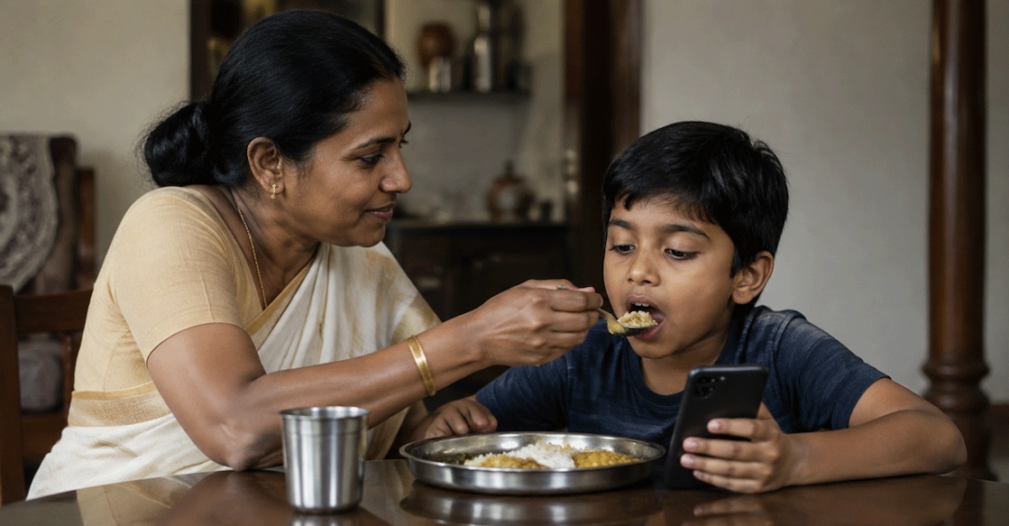 Many are forced to hand over their mobile phones to their kids so they eat on time and leave for school or go to sleep. Photo: AI-Generated image